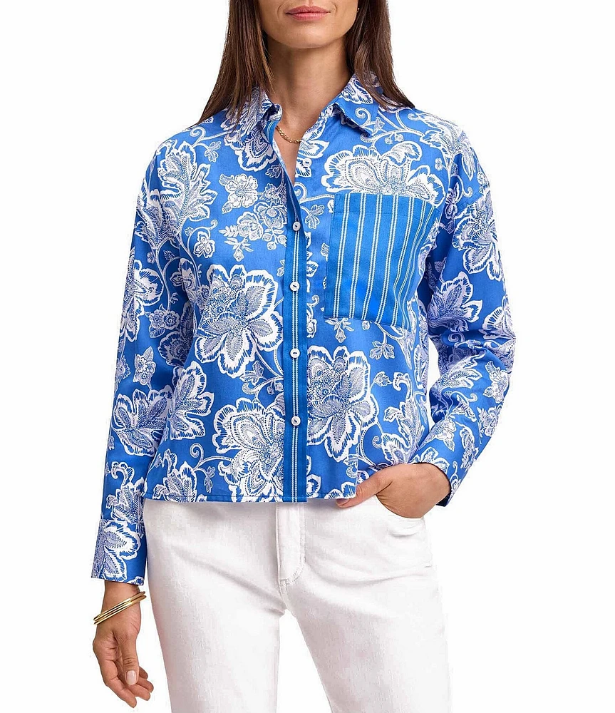 Foxcroft Marina Wrinkle-Free Floral Cotton Sateen Point Collar Long Sleeve Button-Front Shirt