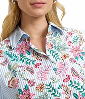 Foxcroft Meghan Cotton Floral Stripe Point Collar Long Sleeve Button Front Shirt