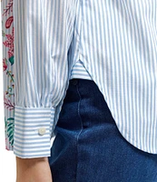 Foxcroft Meghan Cotton Floral Stripe Point Collar Long Sleeve Button Front Shirt