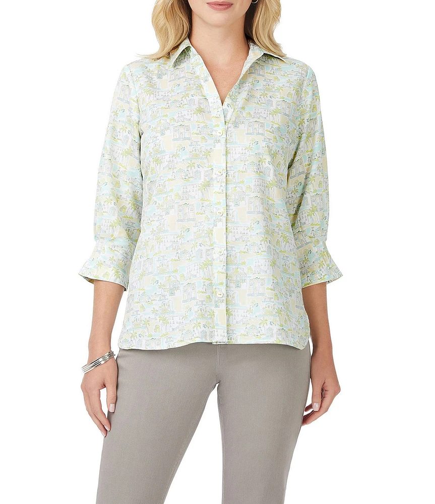 Foxcroft Meryl Point Collar Round High-Low Hem 3/4 Sleeve Blouse