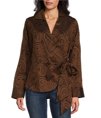 Foxcroft Paisley Point Collar Wrap Long Sleeve Blouse