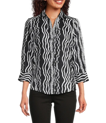 Foxcroft Paityn Cotton Sateen Braided Belt Wrinkle Free Point Collar 3/4 Sleeve Button Front Shirt