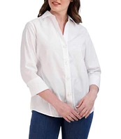 Foxcroft Paityn Jacquard Point Collar 3/4 Sleeve Shirttail Hem Button Front Shirt