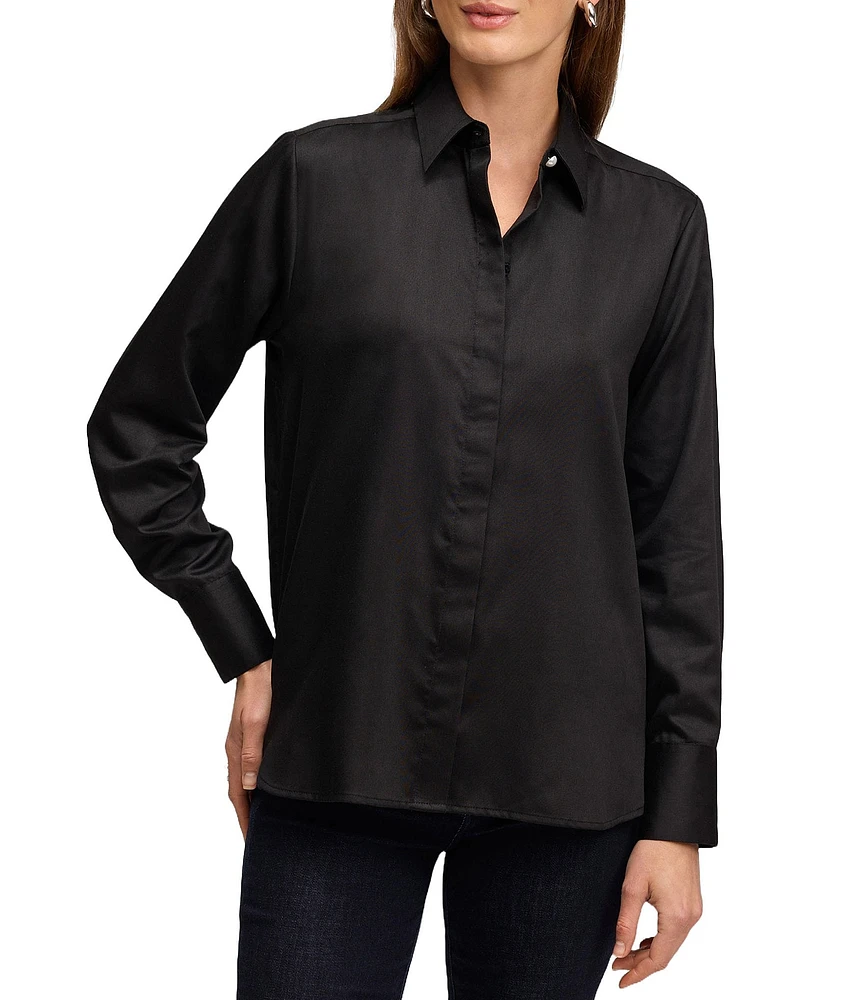 Foxcroft Pearl Stretch Woven Collared Long Sleeve Button Down Top