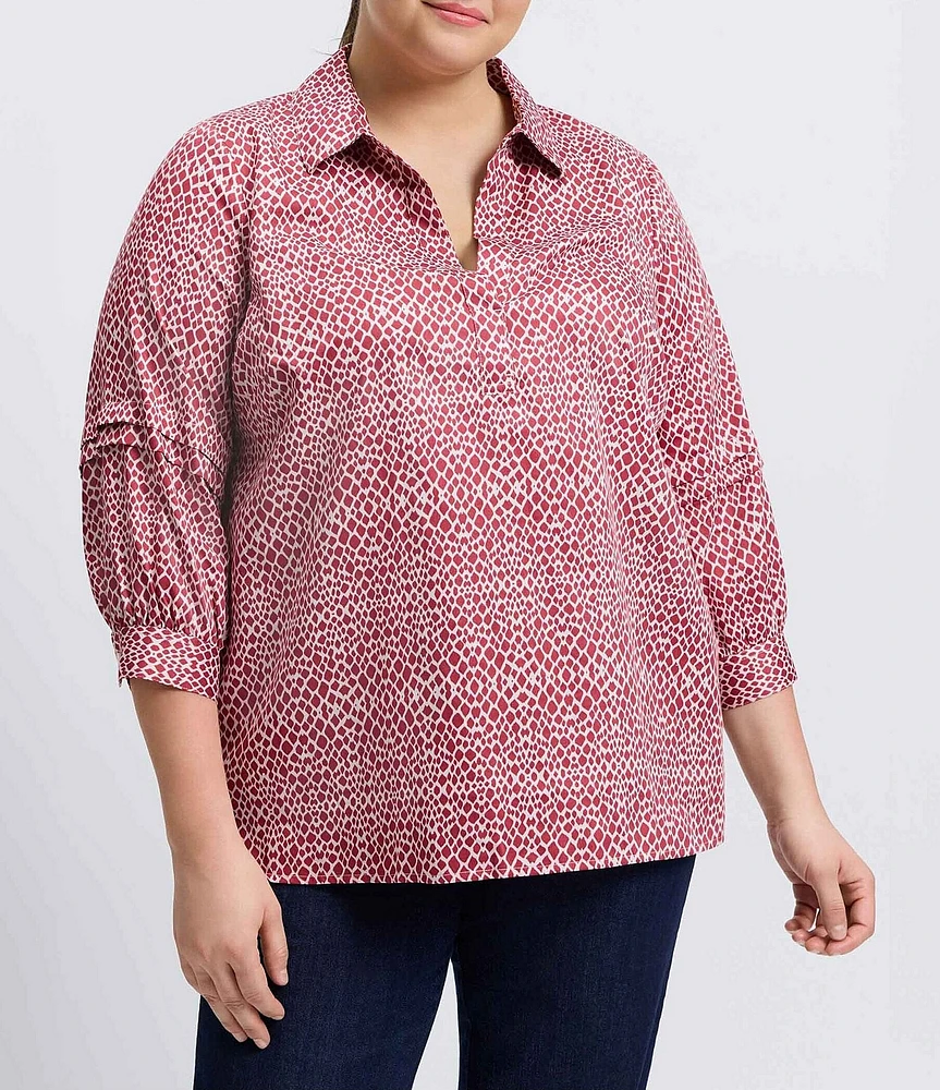 Foxcroft Plus Size Abstract Snake Print Sateen Frankie Point Collar 3/4 Pleated Sleeve Top