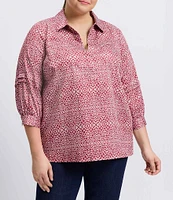 Foxcroft Plus Size Abstract Snake Print Sateen Frankie Point Collar 3/4 Pleated Sleeve Top