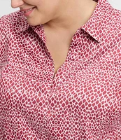 Foxcroft Plus Size Abstract Snake Print Sateen Frankie Point Collar 3/4 Pleated Sleeve Top