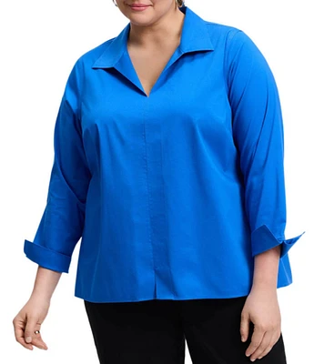 Foxcroft Plus Size Agnes Cotton Stretch Wing Collar Long Sleeve Top
