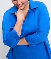 Foxcroft Plus Size Agnes Cotton Stretch Wing Collar Long Sleeve Top