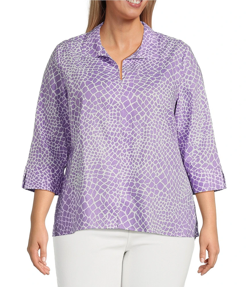 Foxcroft Plus Size Agnes Linen-Blend Giraffe Collage Wing Collar 3/4 Sleeve Tunic