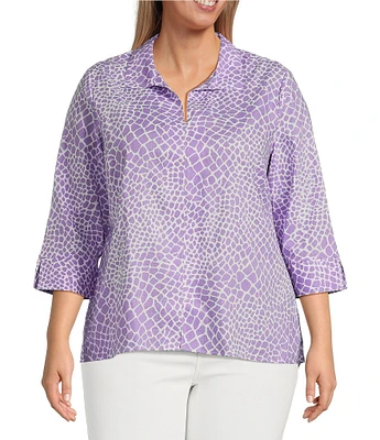 Foxcroft Plus Size Agnes Linen-Blend Giraffe Collage Wing Collar 3/4 Sleeve Tunic