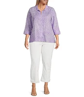 Foxcroft Plus Size Agnes Linen-Blend Giraffe Collage Wing Collar 3/4 Sleeve Tunic