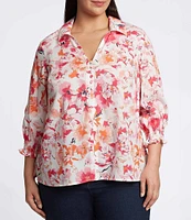 Foxcroft Plus Size Alexis Floral Print Point Collar 3/4 Sleeve Top