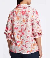 Foxcroft Plus Size Alexis Floral Print Point Collar 3/4 Sleeve Top