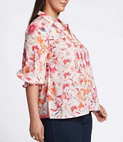 Foxcroft Plus Size Alexis Floral Print Point Collar 3/4 Sleeve Top