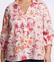 Foxcroft Plus Size Alexis Floral Print Point Collar 3/4 Sleeve Top