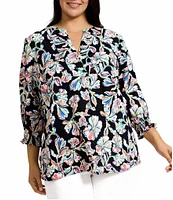 Foxcroft Plus Size Alicia Cotton Sateen Floral Split V-Neck 3/4 Sleeve Top