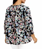 Foxcroft Plus Size Alicia Cotton Sateen Floral Split V-Neck 3/4 Sleeve Top