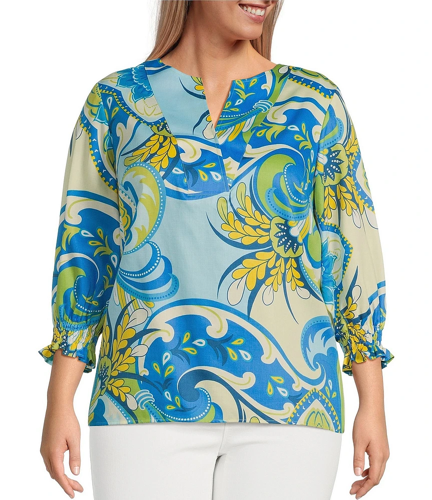 Foxcroft Plus Size Alicia Cotton Sateen Multi Flower Collage Print Split V-Neck 3/4 Sleeve Top