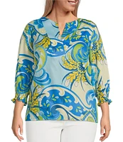 Foxcroft Plus Size Alicia Cotton Sateen Multi Flower Collage Print Split V-Neck 3/4 Sleeve Top
