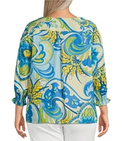 Foxcroft Plus Size Alicia Cotton Sateen Multi Flower Collage Print Split V-Neck 3/4 Sleeve Top