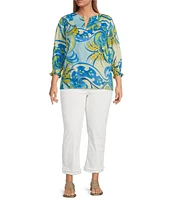 Foxcroft Plus Size Alicia Cotton Sateen Multi Flower Collage Print Split V-Neck 3/4 Sleeve Top