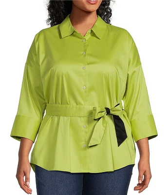 Foxcroft Plus Size Avery Matte Sateen Point Collar 3/4 Sleeves Button Front Tunic