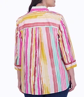 Foxcroft Plus Size Boyfriend Point Collar 3/4 Sleeve Striped Button Front Shirt