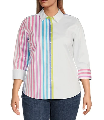 Foxcroft Plus Size Charlie Ombre Stripe Print Point Collar 3/4 Sleeve Button-Front Shirt