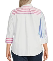Foxcroft Plus Size Charlie Ombre Stripe Print Point Collar 3/4 Sleeve Button-Front Shirt