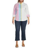 Foxcroft Plus Size Charlie Ombre Stripe Print Point Collar 3/4 Sleeve Button-Front Shirt