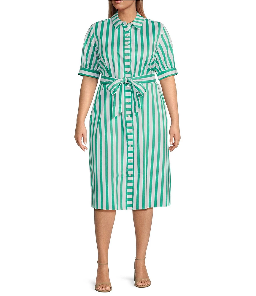 Foxcroft Plus Size Esther Stripe Point Collar Elbow Sleeve Belted Shirt Dress