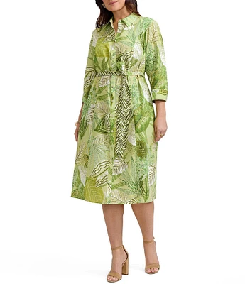 Foxcroft Plus Size Fiona Jungle Print Wrinkle Free 3/4 Sleeve Button-Front Tie Waist Belt Shirtdress