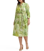 Foxcroft Plus Size Fiona Jungle Print Wrinkle Free 3/4 Sleeve Button-Front Tie Waist Belt Shirtdress