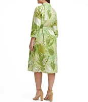 Foxcroft Plus Size Fiona Jungle Print Wrinkle Free 3/4 Sleeve Button-Front Tie Waist Belt Shirtdress