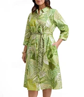 Foxcroft Plus Size Fiona Jungle Print Wrinkle Free 3/4 Sleeve Button-Front Tie Waist Belt Shirtdress