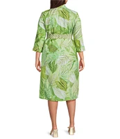 Foxcroft Plus Size Fiona Jungle Print Wrinkle Free 3/4 Sleeve Button-Front Tie Waist Belt Shirtdress