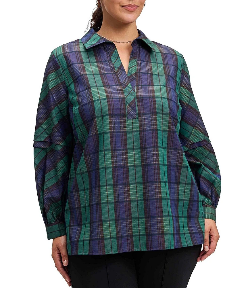 Foxcroft Plus Size Frankie Cotton Blend Plaid Collared Long Sleeve Shirt