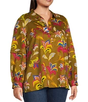 Foxcroft Plus Size Frankie Cotton Sateen Floral Collared Y-Neck Long Sleeve Top