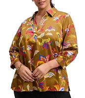 Foxcroft Plus Size Frankie Cotton Sateen Floral Collared Y-Neck Long Sleeve Top