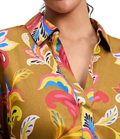 Foxcroft Plus Size Frankie Cotton Sateen Floral Collared Y-Neck Long Sleeve Top