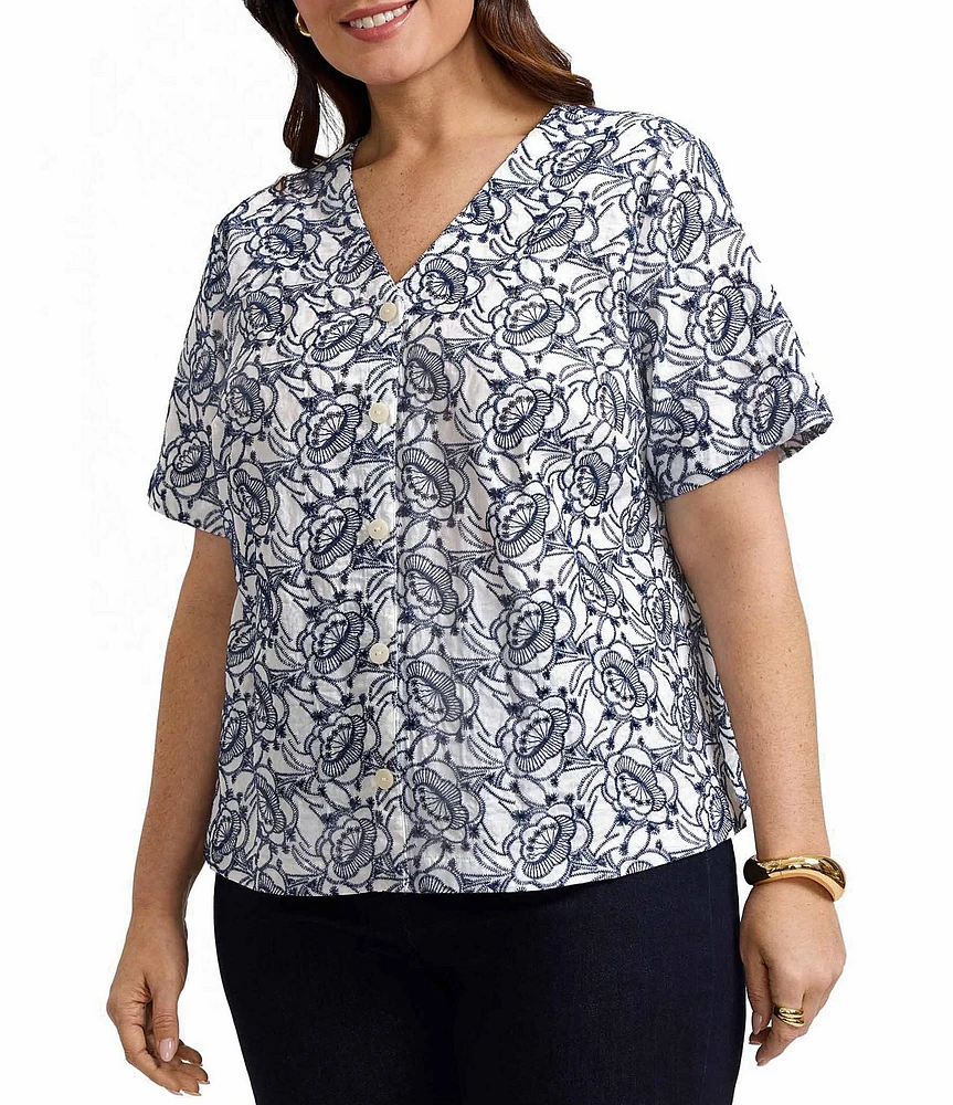 Foxcroft Plus Size Isabel Floral Eyelet V-Neck Elbow Sleeve Button-Front Shirt