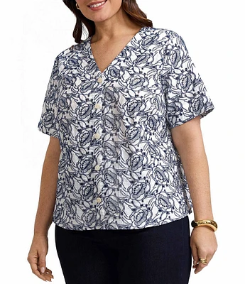 Foxcroft Plus Size Isabel Floral Eyelet V-Neck Elbow Sleeve Button-Front Shirt