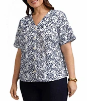 Foxcroft Plus Size Isabel Floral Eyelet V-Neck Elbow Sleeve Button-Front Shirt