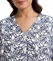 Foxcroft Plus Size Isabel Floral Eyelet V-Neck Elbow Sleeve Button-Front Shirt