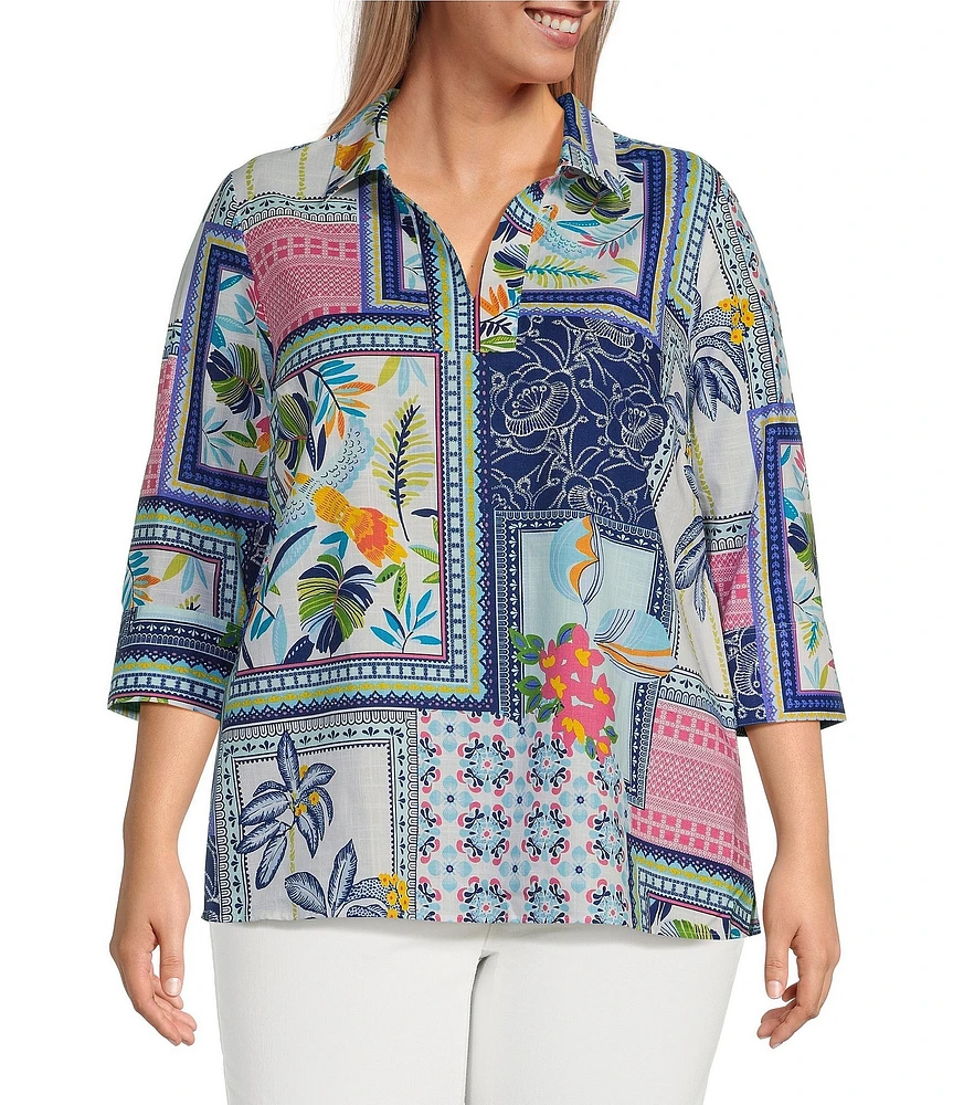 Foxcroft Plus Size Julia Wrinkle-Free Printed Y-Neck 3/4 Sleeve Tunic
