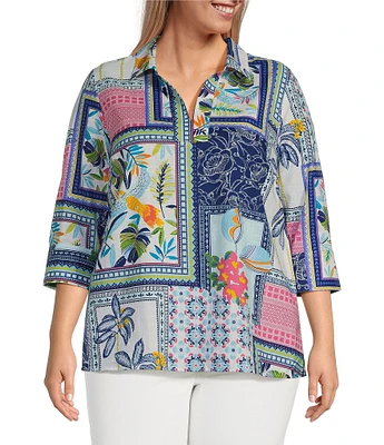 Foxcroft Plus Size Julia Wrinkle-Free Printed Y-Neck 3/4 Sleeve Tunic