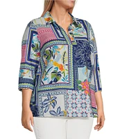 Foxcroft Plus Size Julia Wrinkle-Free Printed Y-Neck 3/4 Sleeve Tunic