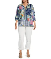 Foxcroft Plus Size Julia Wrinkle-Free Printed Y-Neck 3/4 Sleeve Tunic