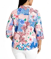 Foxcroft Plus Size June Printed Collared Neck 3/4 Sleeve Top